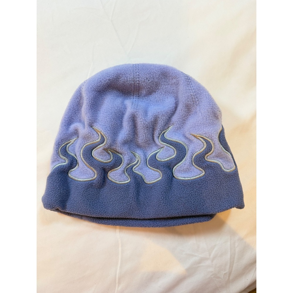 Kids Purple Fleece Flame Embroidered Beanie Skull Cap Winter Hat